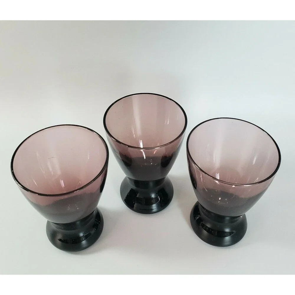 Vtg 3 Amethyst Shot Liquor Glasses Curvy Purple Barware Drinkware Lounge Italy